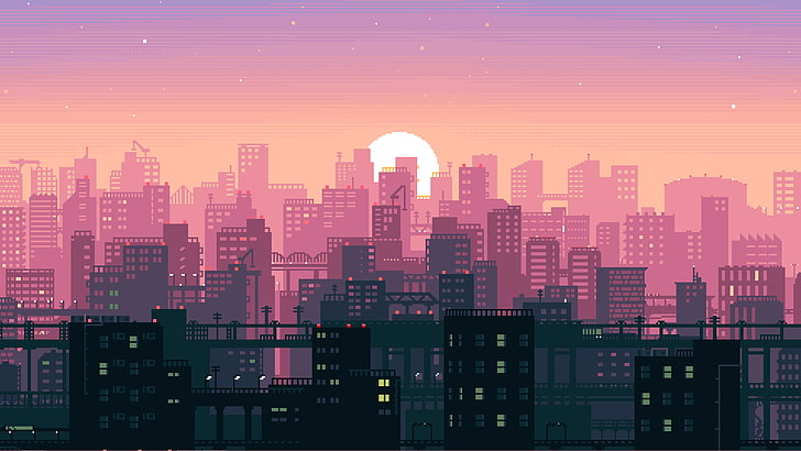 Pixel art of a neon city