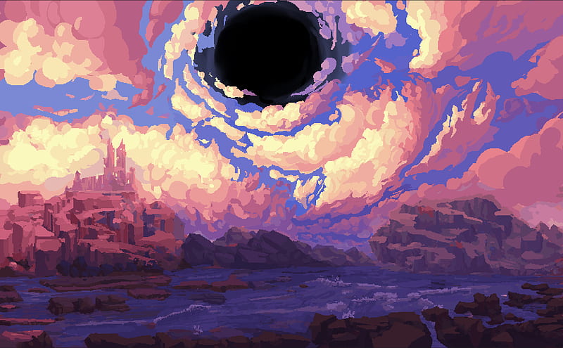 Pixel art of palace with a blackhole nearby