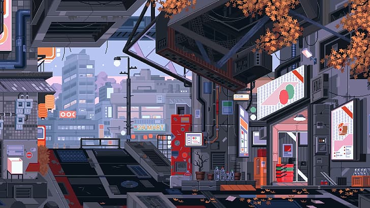 Pixel art of a futuristic store