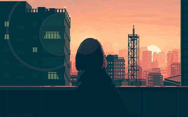 pixel art of a girl on window